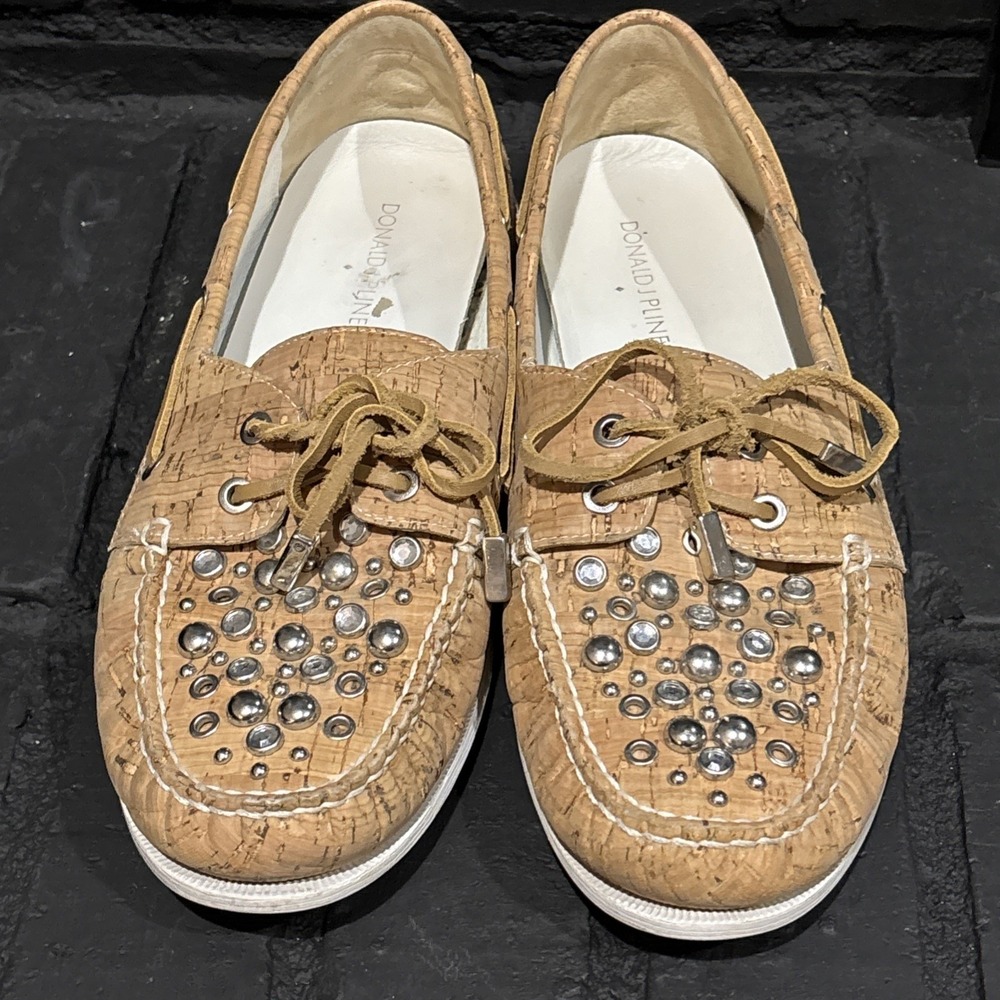 Donald J Pliner Women Cork Studded Boat Shoes Loafers Tan Silver Grommet Slip On